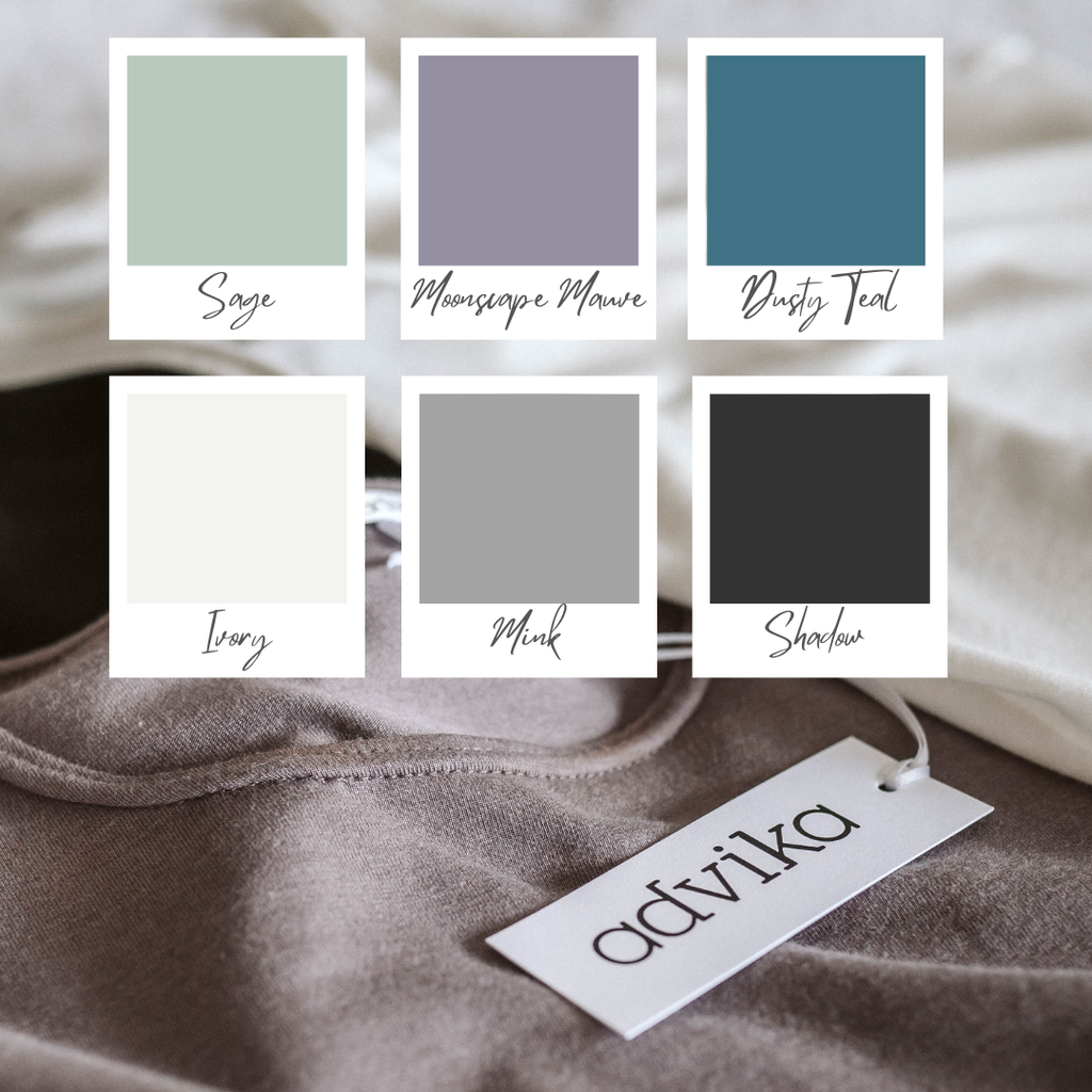 Colour options for Advika Spring Summer 25 collection: Sage, Moonscape Mauve, Dusty Teal, Ivory, Mink ad Shadow. 